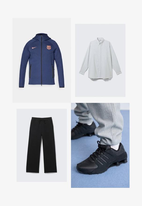 Marineblå hel-fasong jakke med hette, to glidelåslommer på sidene, oransje Nike-logo og FC Barcelona klubblogo på forsiden.; Langermet hvit skjorte med tynne vertikale grå striper, knappefront, enkelt brystlomme og spiss krage.; To hvite tank topper med ribbestruktur, som har broderte logoer i blått og grønt. Den ene har et soldesign, mens den andre har et palmetre.; Sorte sweatpants med bred benvidde laget av myk stoff. Har elastisk liv med snor og sidelommer. Glatt tekstur.; Person som har på seg svarte Nike Shox-sko og grå joggebukser og står på lyseblått teppe.