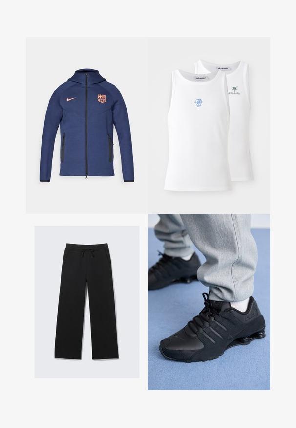 Veste à zip intégral bleu marine avec capuche, deux poches latérales zippées, logo Nike orange et blason du club FC Barcelona sur le devant.; Deux débardeurs blancs, texture côtelée, avec des logos brodés en bleu et vert. L'un présente un design de soleil, l'autre un palmier.; Pantalons de survêtement larges noirs en tissu doux. Possède une taille élastique avec un cordon de serrage et des poches latérales. Texture lisse.; Personne portant des baskets Nike Shox noires et un pantalon de survêtement gris, debout sur un tapis bleu clair.