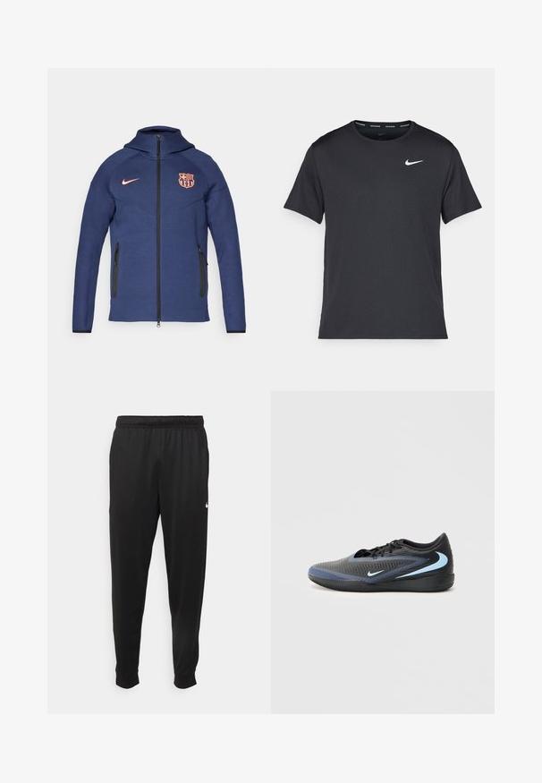 Casaco azul marinho com fecho éclair completo e capuz, duas bolsos laterais com fecho, logótipo da Nike em laranja e brasão do clube FC Barcelona na frente.; T-shirt de corrida Nike preto, feito de material leve e respirável, com mangas curtas e um pequeno logo branco no peito.; Calças de desporto pretas feitas de tecido suave, com uma cintura elástica, pernas ajustadas e um pequeno logo branco no lado esquerdo.; Shoe desportiva de cano baixo, preta e azul, com superfície texturizada, atacadores pretos e logótipos da Nike em azul claro nas laterais e na sola.