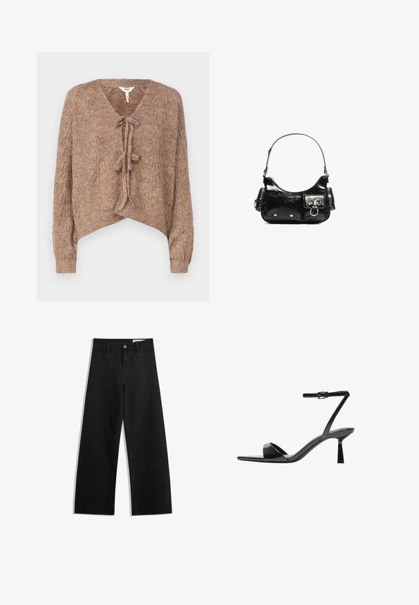 Hnedý pletený kardigán s výstrihom do V, s uzatváraním na kravatu vpredu a textúrovaným vzorom pripomínajúcim listy. Krátka dĺžka a dlhé rukávy.; Svetlo šedý krátky rukáv top s hlbokým výstrihom do V a zakončením so štyrmi gombíkmi, vyrobený z mäkkej tkaniny s hladkou textúrou.; Čierne denimové nohavice s širokými nohavicami a vysokým pásom, so prednými a zadnými vreckami, šitými švami a zapínaním na gombík. Hladká textúra.; Bershka Sandále na vysokom opätku - black; Čierna laková kožená kabelka s ohnutým tvarom, jedným ramenným popruhom, prednými vreckami a striebornými kovovými doplnkami.