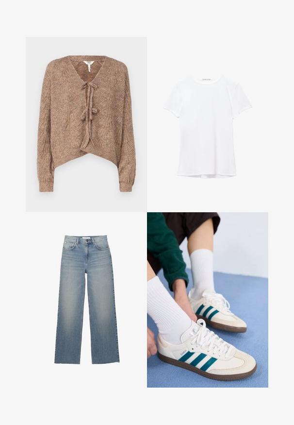 Smeđa pletena kardigan s V-izrezom, zatvaranjem s vezanjem sprijeda i teksturiranim uzorkom koji podsjeća na lišće. Skraćena dužina i dugi rukavi.; Bijela majica kratkih rukava izrađena od glatkog materijala, s okruglim izrezom i suptilnim detaljima šivanja na rubu.; Svijetloplave široke traperice s visokim strukom, imaju prednje džepove i kopčanje na gumb. Glatka tekstura s izblijedjelim dijelovima.; Bijele atletske cipele s tirkiznim prugama, teksturiranom gornjom površinom i smešnim gumama. Uparene s bijelim rebrastim čarapama.