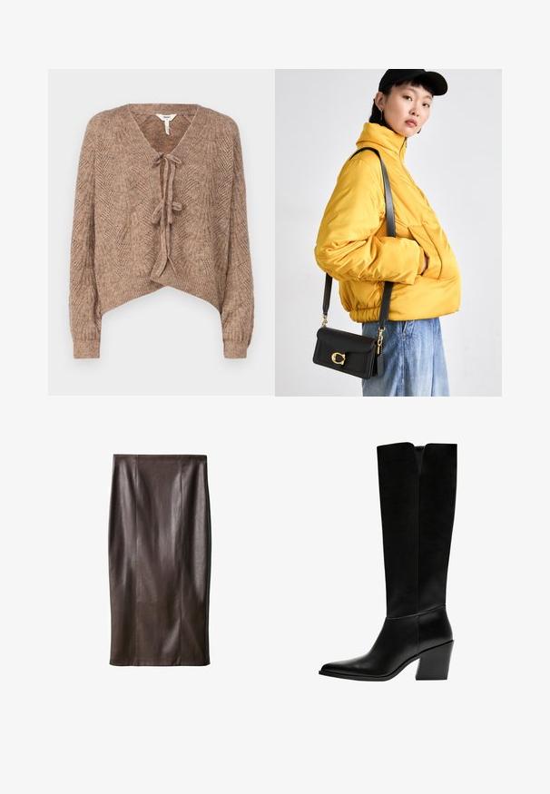 Brown knitted cardigan with a V-neck, tie front closure, and textured pattern resembling leaves. Cropped length and long sleeves.; Long-sleeve polo shirt in light pink with brown horizontal stripes, featuring a dark brown collar and three button placket. Soft cotton material.; Brown leather pencil skirt with a smooth texture, knee-length, featuring vertical seams for design. No additional hardware or accents.; Black knee-high boots made of smooth leather, featuring a pointed toe, a block heel, and a V-shaped cutout at the top.; Yellow padded jacket with high collar and front pocket, paired with a black crossbody bag featuring gold hardware. Casual denim bottoms.