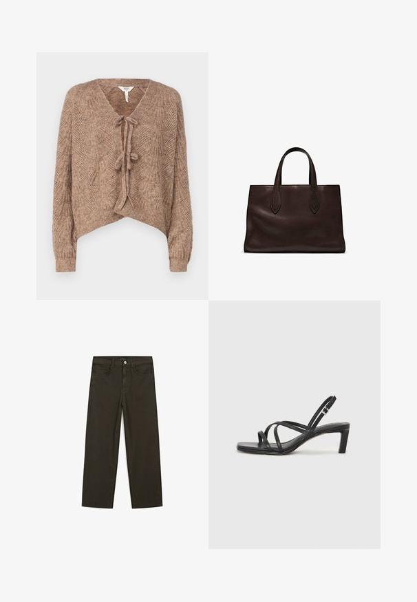 Brun strikket cardigan med V-udskæring, knyt-forklæde lukning og struktureret mønster, der ligner blade. Korte længde og lange ærmer.; Brun kortærmet T-shirt lavet af blød bomuld, med rund halsudskæring og et enkelt design uden yderligere mønstre eller accenter.; Mørkegrønne brede jeans lavet af en bomuldsblanding, med en frontlukning med knap, fem lommer og klassisk denim-syning.; Sort remsandale med firkantet tå og en lav blokeret hæl. Har flere tynde stropper og en justerbar ankelrem. Fremstillet af glat læder.; Brun læder tote bag med to forlængede håndtag, struktureret rektangulær form, glat overflade og subtile syninger.