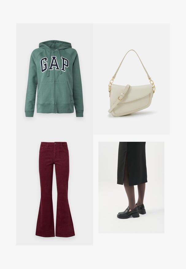 GAP HERITAGE - Majica s kapuljačom - district green; Dvije majice s dugim rukavima i visokim ovratnicima, jedna bijela i jedna crna, izrađene su od glatkog, rastezljivog materijala, a obje imaju uski kroj.; Bordo kord ženske traperice s pet džepova, prednjim dugmadi i teksturiranim materijalom. Odozdo od koljena do rubova su proširene.; Crne kožne cipele s zaobljenim vrhom, debelim blok petama i elastičnim bočnim detaljima, uparene s tamnim čarapama i crnom suknjom s prorezom.; Mala krem torbica s teksturiranim finišom, dugačkim podesivim remenom, lančanim detaljem i preklopom. Zlaćani hardver.; Zlatne kružne naušnice s glatkom, sjajnom završnom obradom. Kružni dizajn s malom potporom i prozirnom podlogom za sigurno nošenje.