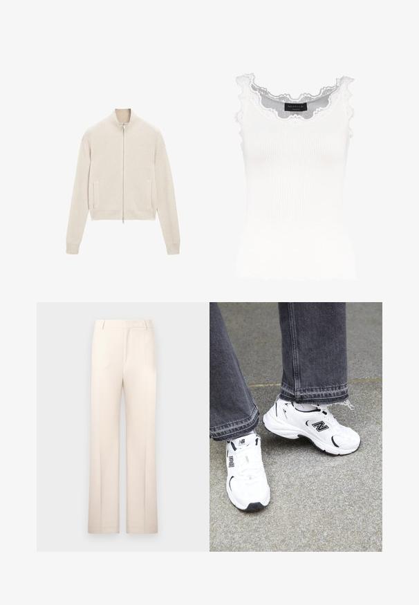 Hladce pletená, světle béžová svetr s vysokým límcem a zipem, boční kapsy a přiléhavý střih. Stříbrný zip na přední straně.; Bílý žebrovaný tílko s krajkovým lemem na výstřihu a rukávech. Má jemnou texturu a přiléhavý střih. Značková etiketa viditelná uvnitř.; Růžové upravené kalhoty s rovnými nohavicemi, vyrobené z lehké látky. Má přední sklady a klasický pas.; Bílé tenisky New Balance mají svršek z vrstvené syntetiky a síťoviny s černými akcenty. Jsou obuty s šedými džíny s roztrhaným lemem na texturovaném povrchu.