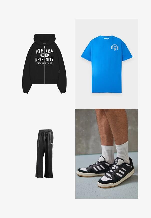Crna zip-up kapuljača s velikim bijelim grafičkim otiskom "ATELIER RETERNITY 2018" i "KREATIVNI DIREKTOR". Uključena je kengur džep.; Plava pamučna majica s kratkim rukavima. Sadrži bijeli grafički dizajn sprijeda, koji prikazuje lik s slušalicama i lukom.; Crne sintetičke trenirke s elastičnom waistbandom, sa bijelim bočnim prugama i malim bijelim logoom na lijevom kuku.; Crne i bijele tenisice s gornjim dijelom od antilopa i kože, s tri bijele pruge, perforiranim prstom i gumiranim potplatom.