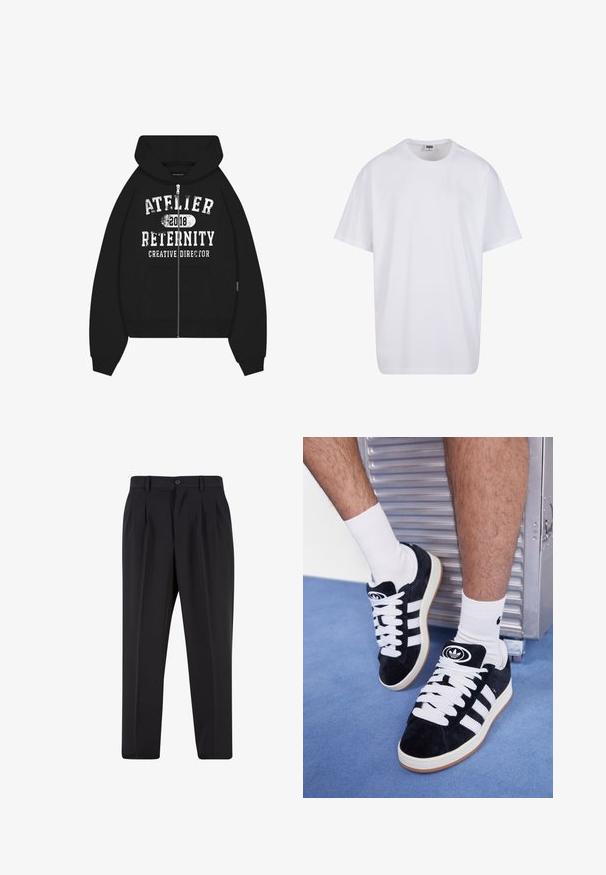Melns rāvējslēdzēja džemperis ar lielu baltu grafiku, kurā rakstīts "ATELIER RETERNITY 2018" un "CREATIVE DIRECTOR". Iekļauta kenguru kabata.; Balta kokvilnas T-kreklu ar īsām piedurknēm, apaļu kakla izgriezumu, brīvu piegriezumu un bez redzamām logo vai rakstiem. Gluda tekstūra un minimālistisks dizains.; Melni brīvie bikses ar krokotu priekšpusi, izgatavotas no gludas auduma. Iespējama poga aizdare un jostas cilpas; taisnu kāju forma.; Melni zamšaini sporta apavi ar baltiem šņorēm un trim baltām svītrām. Iekļauj arī apaļu melnu logotipu uz mēles un gumijas zoli.