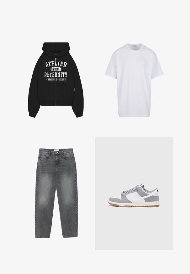 Haut de survêtement noir zippé avec un grand imprimé graphique blanc portant "ATELIER RETERNITY 2018" et "DIRECTEUR CRÉATIF". Poche kangourou incluse.; T-shirt en coton blanc avec des manches courtes, un col rond, une coupe décontractée et sans logos ni motifs visibles. Texture lisse et design minimaliste.; Jean taille haute, décontracté en denim noir délavé. Comprend cinq poches, des passants de ceinture et un design de jambe droite épurée.; Baskets grises et blanches avec un dessus en suède et cuir, bout rond, lacets plats et semelle en caoutchouc avec une touche de gomme.