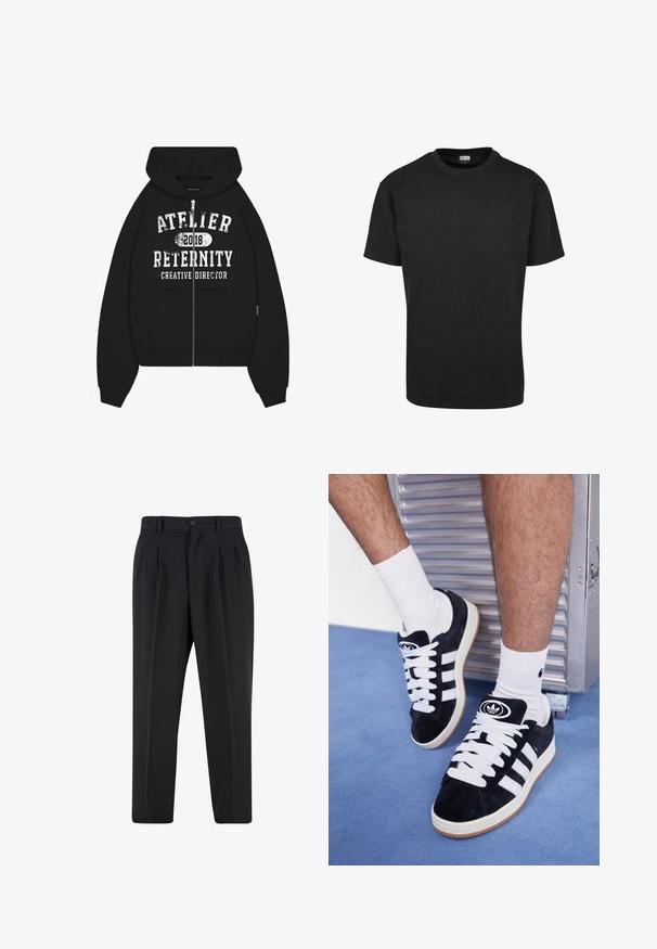 Mustad musta huppar, millel on suur valge graafiline trükk, millel on kirjas "ATELIER RETERNITY 2018" ja "LOOVJUHT." Kaasas on ka känguru-tasku.; Must-valge puuvillane T-särk ümmarguse kaeluse, lühikeste varrukate ja sirge äärisega. Sile tekstuur; lihtne, ilma kaunistusteta disain.; Mustad püksid, millel on voltidega eesmine disain, valmistatud siledast kangast. Omab nup closure ja vöökinnitusauke; sirge jalgade lõige.; Mustad nahkjalatsid valgete paelte ja kolme valge triibuga. Omab ümmargust musta logo keele peal ning kummist tallat.