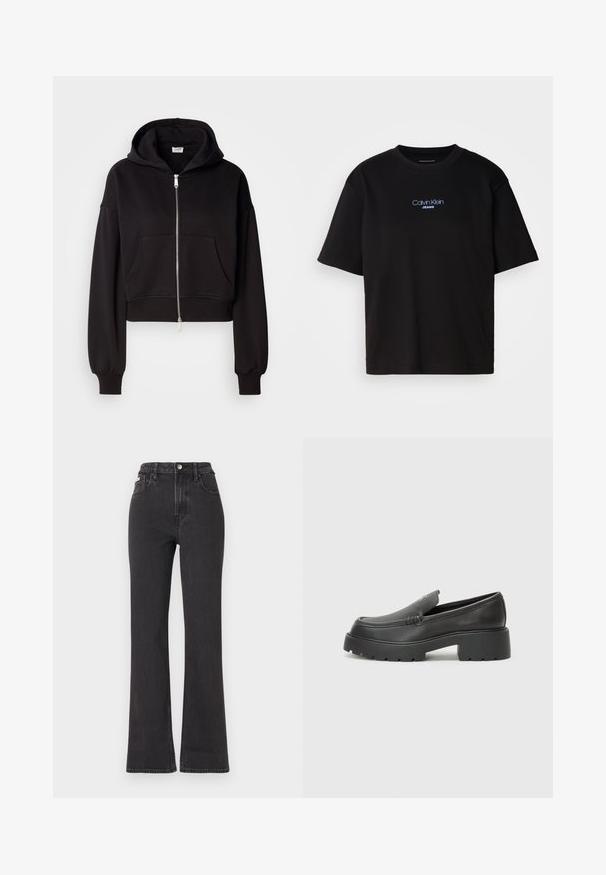 Fekete, cropped kapucnis pulóver elülső cipzárral, nagy kapucnival és kenguru zsebbel. Puha anyag, bordás mandzsettákkal és aljjal.; Fekete pamut póló kerek nyakkal, rövid ujjú, elöl kék hímzett "Calvin Klein JEANS" logóval.; Fekete, magas derekú, trapéz fazonú farmernadrág, gombos záródással, övrésszel és oldalsó zsebekkel. Sima textúrájú, minimális kopással.; Fekete bőr loafer cipők kerek orral, vastag, texturált talppal és minimális varrási részletekkel. Áramvonalas dizájn, látható fűzők vagy fém részek nélkül.