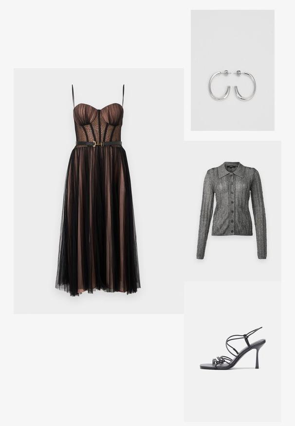 Casaco cinza tricotado com um brilho sutil, mangas longas, colarinho e seis botões pretos na frente; textura canelada e design ajustado.; Vestido de noite sem alças em tule preto com uma camada base nude, corpete de renda transparente, copas estruturadas e um cinto fino preto na cintura.; As sandálias de salto alto pretas apresentam tiras finas com um design em nó, uma biqueira quadrada lisa e um elegante salto agulha.; Bolsa metálica cinza claro com uma alça de corrente, adornada com pequenos rebites metálicos circulares e um logótipo triangular da marca.; Brincos de argola prateados com um acabamento suave e brilhante. Forma arredondada, design leve, com fecho de pino.