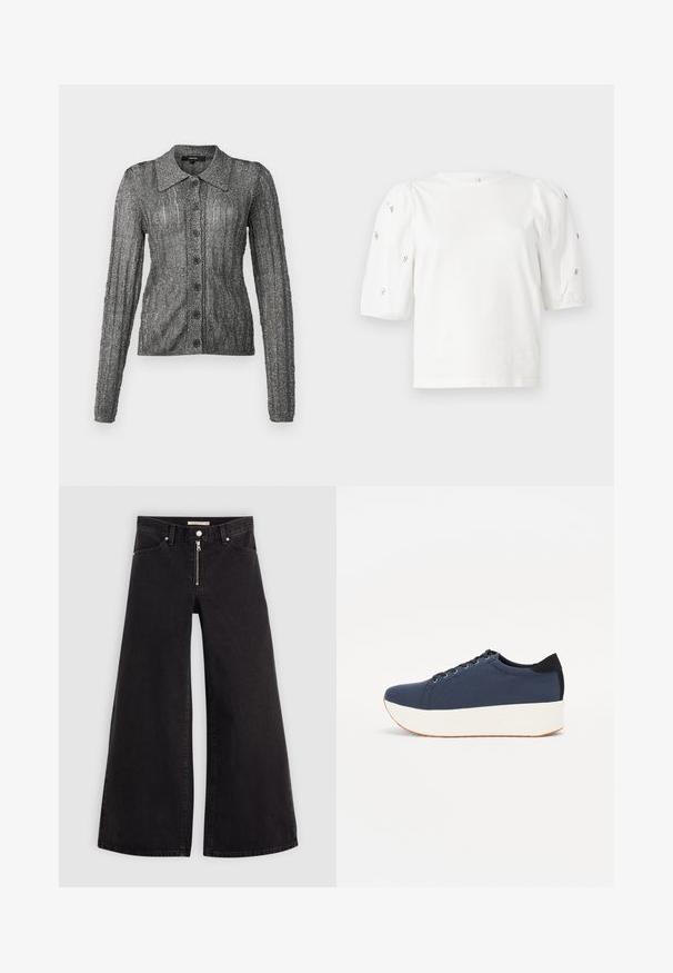 Jachetă tricotată gri cu un luciu subtil, mâneci lungi, guler și șase nasturi negri pe față; textură ribbed și design ajustat.; Tricou alb din bumbac cu mâneci scurte tip bufantă, având mici embellisheuri argintii pe mâneci. Decolteu clasic rotund, croială lejeră.; Jeans cu picioare largi din denim negru, cu fermoar în față, design cu cinci buzunare și detalii subtile de cusătură. Textură netedă și stil casual.; Sneaker albastru închis, cu un material texturat pe partea superioară, talpă platformă albă, vârf rotunjit și accent de călcâi negru. Dispune de șase găuri pentru șireturi.
