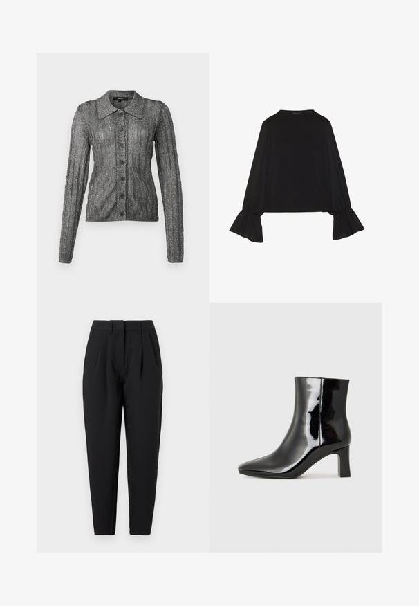 Jachetă tricotată gri cu un luciu subtil, mâneci lungi, guler și șase nasturi negri pe față; textură ribbed și design ajustat.; Top negru cu mânecă lungă, cu mansete evazate, textură moale și croială lejeră, având un guler rotund simplu.; Pantaloni negri cu o croială dreaptă, având pliseuri în partea din față, o textură netedă și buzunare laterale. Talie de înălțime standard.; Botine negre din piele lacuită, cu vârful ascuțit și toc bloc de înălțime medie. Textură netedă și design minimalist.