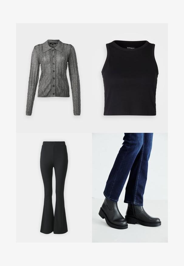 Pelēka adīta jaka ar smalku spīdumu, garām piedurknēm, apkakli un sešām melnām pogām priekšā; ribota tekstūra un pieguļošs dizains.; Melna ribota īsā topa ar apaļu kakla izgriezumu un bez piedurknēm. Izgatavota no mīksta, elastīga auduma, ar tīrām apgrieztām malām.; Melni platas bikses, kas izgatavotas no elastīga auduma. Tām ir augsts viduklis un gluda, pieguloša forma, kas paplašinās no ceļa uz leju.; Melnas ādas potīšu zābaki ar masīvu zoli un sānu elastīgām daļām, kombinēti ar tumši ziliem džinsiem. Zeme ir gaišā krāsā.