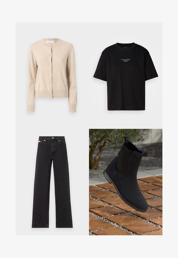 Cardigã bege feito de material suave, apresentando um colo redondo, mangas longas e cinco botões na frente para fecho. Textura suave, design minimalista.; T-shirt preta de algodão com gola redonda, mangas curtas e logo bordado azul "Calvin Klein JEANS" na parte da frente.; Jeans de perna larga pretos feitos de denim, apresentando uma cintura alta, estilo de cinco bolsos e um fecho em botão de metal com costura contrastante.; Botim preto até ao tornozelo com painel lateral elástico a flutuar acima de ladrilhos quadrados de madeira com pedras num ambiente exterior.