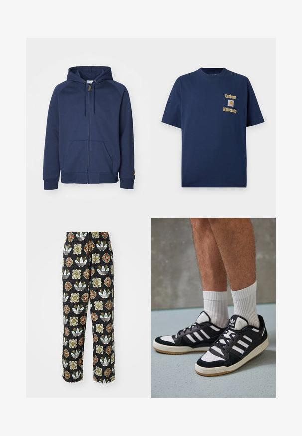 Marineblauwe zip-up hoodie van een katoenmix, met een verstelbare capuchon, kangoeroezakken, geribde manchetten en een klein logoaccent op de mouw.; Marineblauwe katoenen T-shirt met korte mouwen, voorzien van gouden tekst "Carhartt University" en een logo-label op de linkerborst.; Zwarte broek met een ingewikkeld patroon van verschillende vormen, waaronder bloemendessins en strepen in oranje, groen en wit.; Zwart-witte sneakers met een bovenwerk van suede en leer, voorzien van drie witte strepen, een geperforeerde neus en een rubberen gumzool.