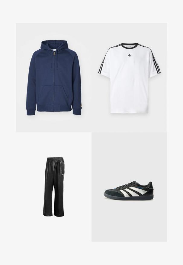 Sweatshirt azul-marinho com fecho éclair, feito de uma mistura de algodão, com capuz ajustável por cordão, bolsos canguru, punhos canelados e um pequeno logotipo decorativo na manga.; Camiseta branca em algodão, com gola redonda preta e três riscas pretas em cada ombro. Pequeno logótipo preto no peito.; Calças de treino sintéticas pretas com um cós elástico, apresentando riscas laterais brancas e um pequeno logótipo branco no quadril esquerdo.; adidas Performance PREDATOR FREESTYLE JUDE INDOOR FOOTBALL SHOES - Botas de futebol de salão - core black/silver-coloured/glory blue