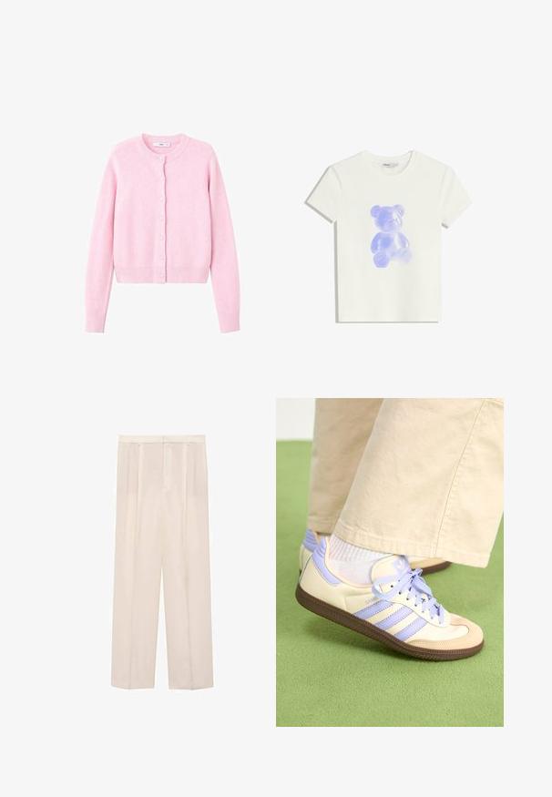 Short pink cardigan made of soft fabric, featuring a round neckline, front buttons, and ribbed cuffs and hem.; White cotton t-shirt featuring a translucent purple teddy bear graphic on the front, round neckline, short sleeves, and a relaxed fit.; Beige wide-leg trousers with pleats and a smooth texture. Features a tailored waistband and two side pockets.; Cream and lavender sneakers with three stripes and a textured brown sole, featuring laces and a padded heel. Soft fabric upper.