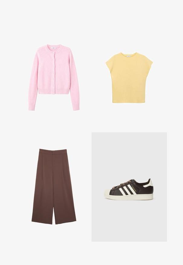 Kurze pinke Strickjacke aus weichem Stoff, mit runder Ausschnit, Knöpfen auf der Vorderseite und gerippten Bündchen und Saum.; Gelbes Kurzarmoberteil mit lockerer Passform, Rundhalsausschnitt und glatter Textur. Hat ein einfaches Design ohne Muster oder Verzierungen.; Braune Weite-Leg-Hosen mit einer glatten Textur, hoher Taille und Vorderfalten. Der Stoff ist leicht und fällt locker.; Low-Top Adidas Superstar Sneaker aus dunkelbraunem Leder mit cremefarbener Schale an der Spitze, weißen Streifen und dem Schriftzug "Superstar" an der Seite.
