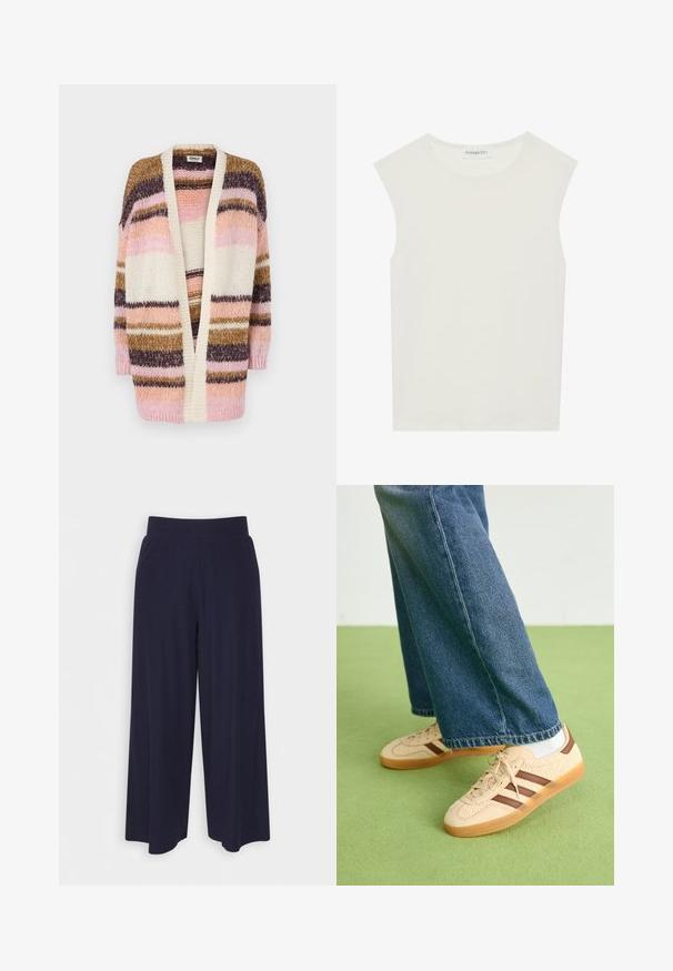 Πολύχρωμο κασκόλ με πλατιές ρίγες σε ροζ, κρέμα, καφέ και μωβ. Πλεκτή υφή, ανοιχτό μπροστά και μακριά μανίκια.; Λευκή αμάνικη μπλούζα με στρογγυλή λαιμόκοψη. Φτιαγμένη από απαλό ύφασμα, διαθέτει χαλαρή εφαρμογή και μινιμαλιστικό σχέδιο. Χωρίς μοτίβα ή αξεσουάρ.; Πλατιά παντελόνια σε σκούρο ναυτικό ύφασμα με ριχτή υφή. Διαθέτουν ένα λείο ζωνάκι και ρέουσα σιλουέτα, φτάνοντας στο μήκος του μέσου μοσχαριού.; Μπεζ αθλητικά παπούτσια με υφασμάτινες κρέμες επιφάνειες και καφέ ρίγες, συνδυασμένα με μπλε τζιν παντελόνι. Το τζιν έχει φαρδιά μπατέλα και ξεφτισμένο στρίφωμα.