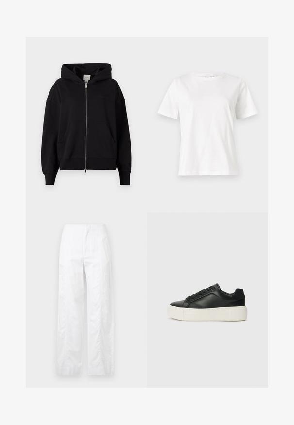 Čierna mikina na zips vyrobená z bavlnenej zmesi. Obsahuje veľkú kapucu, predné vrecká a rebrové manžety. Minimalistické logo na hrudi.; Biela bavlnená tričko s krátkymi rukávmi, okrúhlym výstrihom a voľným strihom. Hladká textúra, bez vzorov alebo akcentov, minimalistický dizajn.; Biele široké nohavice z ľahkej látky, s hladkou textúrou, čistými líniami a vysokým pásom.; Čierne kožené tenisky s okrúhlou špičkou, bielou platformou a čiernymi šnúrkami. Obsahujú diskrétnu logo na päte a hladkú textúru.