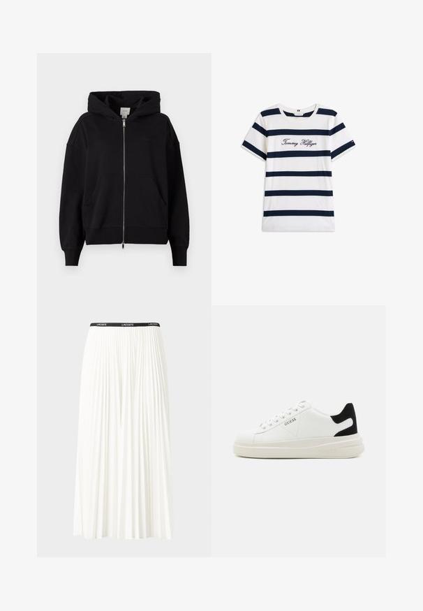 Felpa nera con zip realizzata in misto cotone. Presenta un grande cappuccio, tasche frontali e polsini a coste. Branding minimale sul petto.; T-shirt in cotone con righe orizzontali blu navy su sfondo bianco. "Tommy Hilfiger" ricamato in corsivo sul petto. Collo a giro.; Gonna bianca plissettata con elastico nero in vita che presenta il logo "LACOSTE". Design di lunghezza media con texture morbida.; Sneaker bianchi in pelle con suola spessa bianca, accento in suede nero sul tallone e logo impresso sul lato. Design con lacci e sei fori per i lacci.
