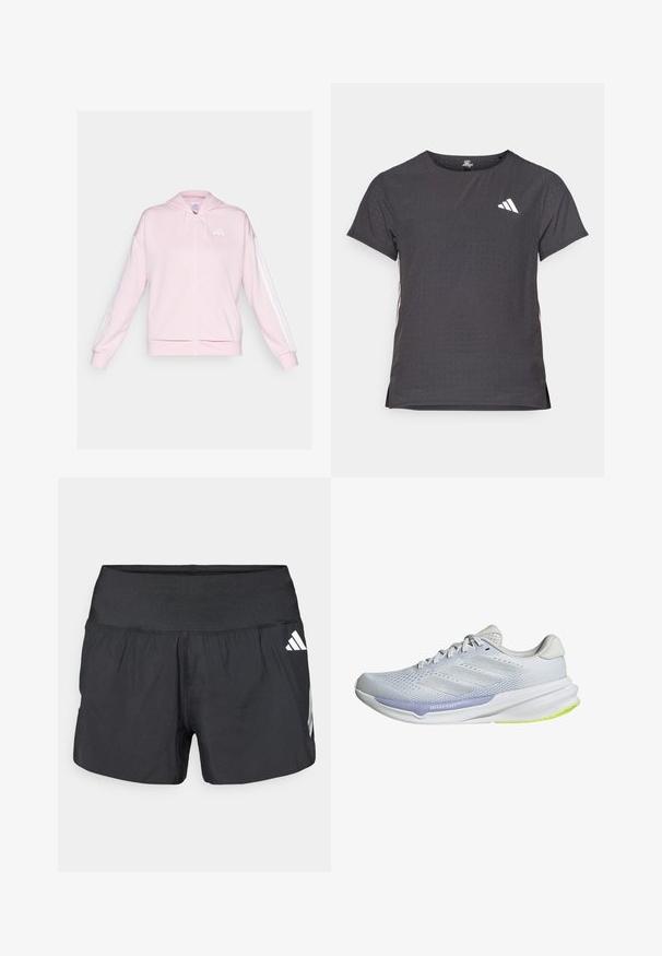 Różowa bluza z kapturem na zamek, wykonana z miękkiego materiału, z kapturem na sznurku, dwoma przednimi kieszeniami i białymi paskami wzdłuż rękawów. Logo na klatce piersiowej.; Koszulka sportowa z krótkim rękawem, ciemnoszara z perforowaną teksturą. Posiada białe logo oraz kontrastowe paski po bokach. Okrągły dekolt.; Czarne spodenki sportowe z szerokim elastycznym pasem, lekkim materiałem i białymi akcentami logo na dolnej stronie.; Białe buty sportowe z oddychającą siateczką, teksturowanym wzorem i lawendowym akcentem. Mają miękką podeszwę z zielonymi detalami na podeszwie.