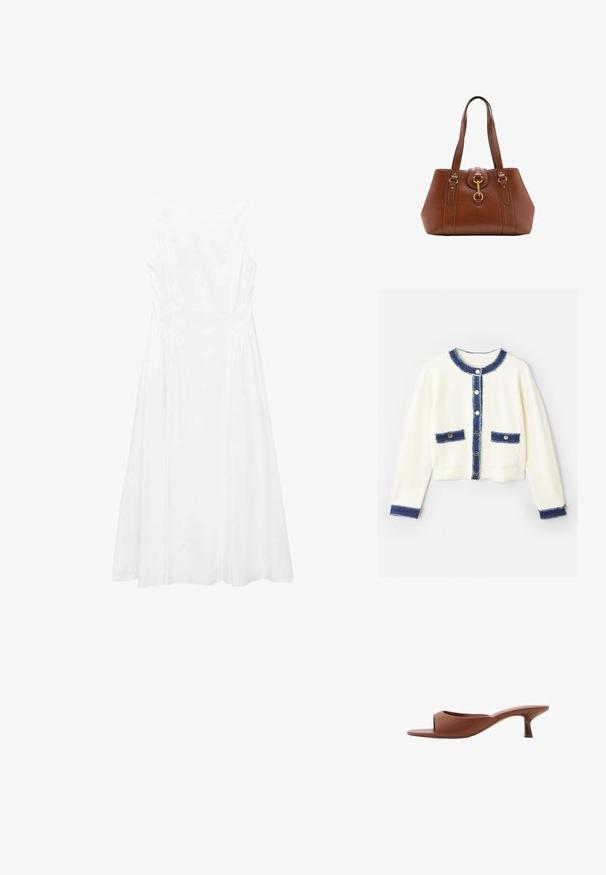 Krémový krátký kardigan s modrým denimmovým lemem, čtyřmi předními kapsami a stříbrnými knoflíky. Měkká tkanina s texturovaným povrchem.; Bílé šaty bez rukávů s jednoduchým designem, A-liniového střihu, hladkým povrchem a švy po stranách.; Hnědé sandály na podpatku s otevřenou špičkou a hladkým, matným povrchem, které mají zakřivený design a průhledný, zúžený podpatek.; Hnědá kožená kabelka s dvojitými popruhy, zaobleným tvarem, zlatými kovovými doplňky a centrálním detailem s přezkou. Hladký povrch s prošívanými akcenty.