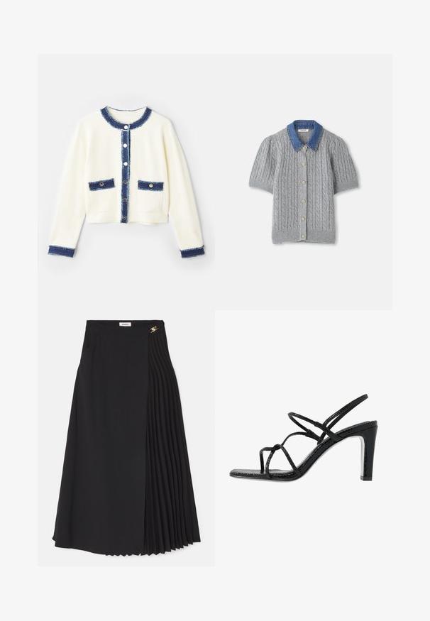 Cremefarbener, kurzer Cardigan mit blauem Jeansbesatz, vier Fronttaschen und silbernen Knöpfen. Weicher Stoff mit strukturierter Oberfläche.; Graue gestrickte Kurzarm-Cardigan mit einem Zopfmuster, ausgestattet mit einem Denim-Kragen und fünf goldenen Knöpfen auf der Vorderseite.; Schwarze Midirock mit Plissee-Design auf einer Seite, aus leichtem Stoff gefertigt, mit unsichtbarem Reißverschluss und Seitentaschen.; Schwarze Absatzsandalen mit dünnen Riemen, strukturiertem Finish, offener Zehenpartie und einem eleganten, spitzen Absatzdesign. Verfügt über eine glatte Innensohle und eine glänzende Oberfläche.