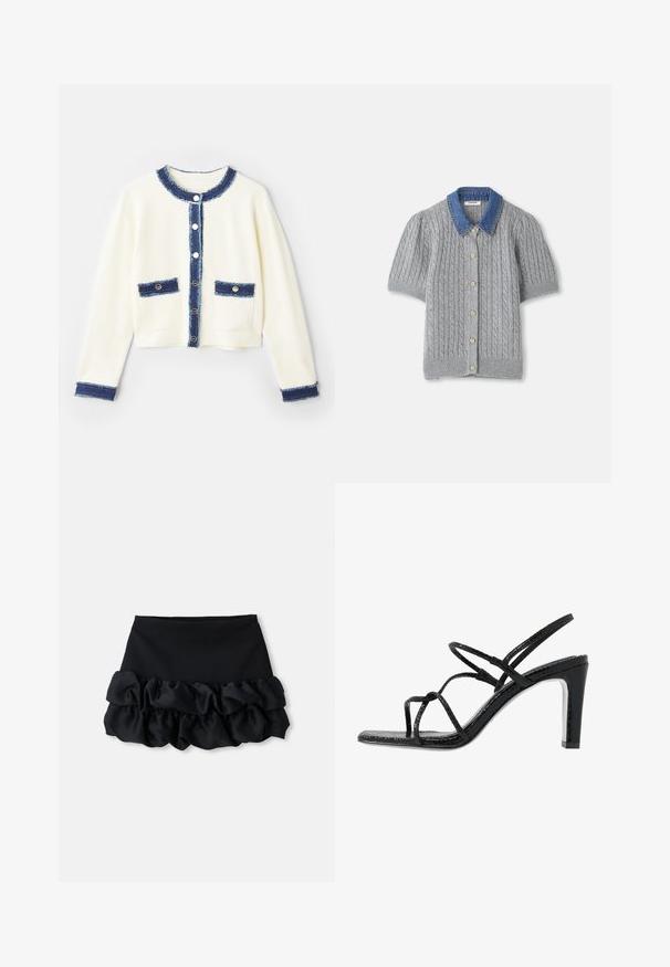 Cardigan cropped color crema con bordo in denim blu, quattro tasche frontali e bottoni argentati. Tessuto morbido con una finitura testurizzata.; Cardigan corto grigio a maniche corte lavorato a maglia con motivo a treccia, dotato di un colletto in denim e cinque bottoni dorati sul davanti.; Gonna mini nera con una parte superiore aderente e tre strati di tessuto arricciato nella parte inferiore, con una consistenza liscia e linee pulite.; Sandali neri con tacco alto, dotati di sottili cinturini, finitura testurizzata, punta aperta e un design elegante con tacco affusolato. Presentano una soletta morbida e una superficie lucida.