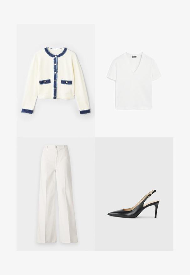 Krémový krátký kardigan s modrým denimmovým lemem, čtyřmi předními kapsami a stříbrnými knoflíky. Měkká tkanina s texturovaným povrchem.; Bílý krátký rukáv V-krk tričko vyrobené z bavlny, s minimalistickým designem a hladkou strukturou, s rovnými lemy a bez ozdob.; Bílé volné kalhoty vyrobené z bavlny s hladkou texturou. Obsahují přední knoflík, zip a design se čtyřmi kapsami.; Černé kožené lodičky na podpatku s špičatou špičkou, nastavitelným páskem a elegantním jehlovým podpatkem, vyznačující se hladkým povrchem.