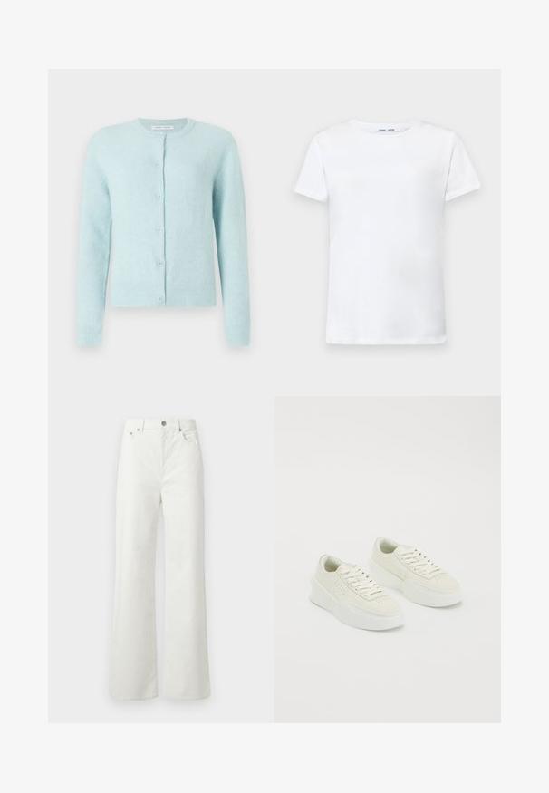 Cardigã azul claro feito de material suave, com decote redondo, mangas longas e cinco botões na frente.; T-shirt branca de manga curta feita de algodão com um design de gola redonda. Textura suave e corte reto, sem padrões ou acentos.; Samsøe Samsøe SHELLY - Calças de ganga de corte relaxado - clear cream; Sapatilhas brancas de cano baixo com solas grossas e atacadores, apresentando detalhes perfurados nas laterais e na área do dedo do pé, exibidas sobre um fundo branco.