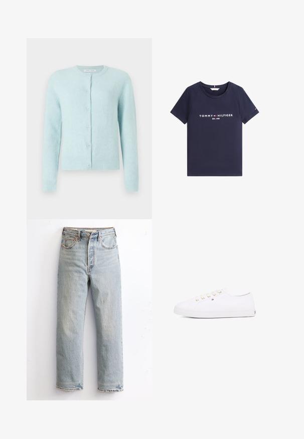 Cardigã azul claro feito de material suave, com decote redondo, mangas longas e cinco botões na frente.; T-shirt de manga curta azul-marinho com decote redondo e texto branco "Tommy Hilfiger EST. 1985" e logótipo na frente.; Jeans de denim azul claro com um design de perna reta, apresentando uma bainha desgastada, remaches de cobre e um estilo clássico de cinco bolsos.; Sapatilhas de lona brancas com ilhós dourados, atacadores planos, sola de borracha texturizada e marcas mínimas de branding de lado. Design de baixo perfil.