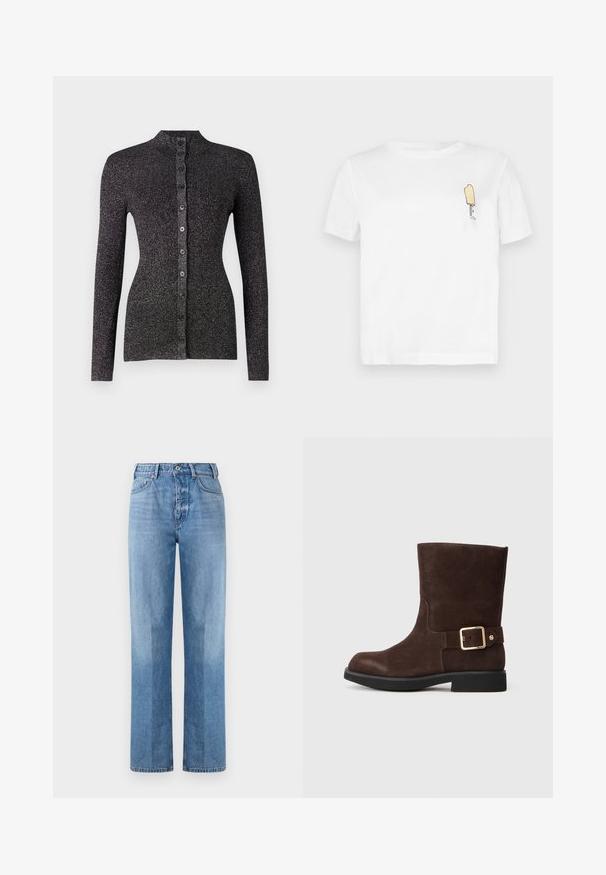Cardigan negru cu nervuri, realizat dintr-un material texturat, având guler înalt, mâneci lungi și un rând de șase butoane corespunzătoare pe partea din față.; Tricou alb din bumbac cu mâneci scurte, având un grafic minimalist brodat cu un suc de pețișor galben pe zona stângă a pieptului.; Jeans din denim de culoare albastru deschis, cu un design cu picior drept, având talie înaltă, cinci buzunare și cusături vizibile. Textura este netedă și clasică.; Botină din suede maro până la gleznă, cu vârf rotund, talpă neagră plată și accent cu cataramă aurie pe lateral. Textură netedă și design simplu.