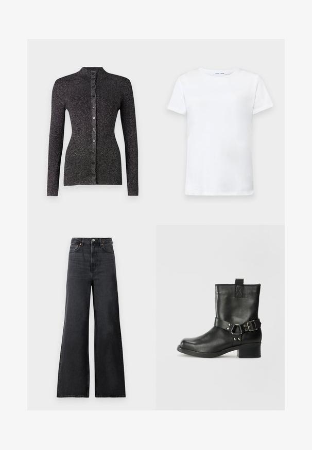 Schwarze gerippte Strickjacke aus strukturiertem Material, mit hohem Kragen, langen Ärmeln und einer Reihe von sechs passenden Knöpfen auf der Vorderseite.; Weißes T-Shirt mit kurzen Ärmeln aus Baumwolle und Rundhalsausschnitt. Glatte Textur und gerader Schnitt, keine Muster oder Akzente.; Schwarze, ausgestellte Jeans aus Denim mit hoher Taille, ausgestattet mit einem Metallknopfverschluss, Fronttaschen und dezentem Verblassen des Stoffes.; Samsøe Samsøe SABRENTA - Cowboy-/Bikerstiefelette - black