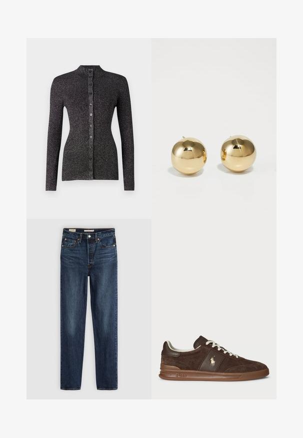 Cardigan negru cu nervuri, realizat dintr-un material texturat, având guler înalt, mâneci lungi și un rând de șase butoane corespunzătoare pe partea din față.; Tricou din bumbac de culoare maro închis, cu gât rotund, mâneci scurte și o croială lejeră. Design simplu, fără modele sau accente vizibile.; Jeans negri închis, cu croi drept, dotate cu cinci buzunare, închidere cu nasture și fermoar, și cusături contrastante.; Adidași din suede maro cu panouri texturate, șireturi albe și un logo auriu. Au o talpă din cauciuc și un guler căptușit pentru confort.; Cercei sferici din aur cu un finisaj lustruit și un mic post. Prezintă o textură netedă și o suprafață reflectantă.