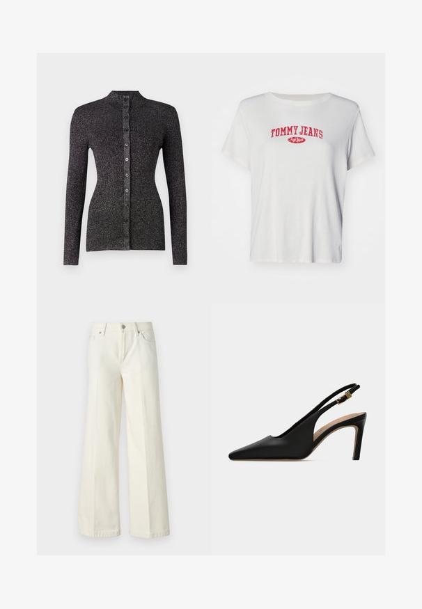 Cardigan negru cu nervuri, realizat dintr-un material texturat, având guler înalt, mâneci lungi și un rând de șase butoane corespunzătoare pe partea din față.; Tricou din bumbac alb cu nervuri, prezentând un logo roșu "TOMMY JEANS" cu "New York" dedesubt. Mâneci scurte și un design lejer.; Blugi albi evazați dintr-o țesătură din bumbac. Prezintă un fermoar la braguă, un design cu cinci buzunare și cusături de-a lungul cusăturilor.; Sandal cu toc înalt, din piele neagră, cu vârf ascuțit și slip-on, prevăzut cu brățară ajustabilă cu cataramă aurie și interior bej.