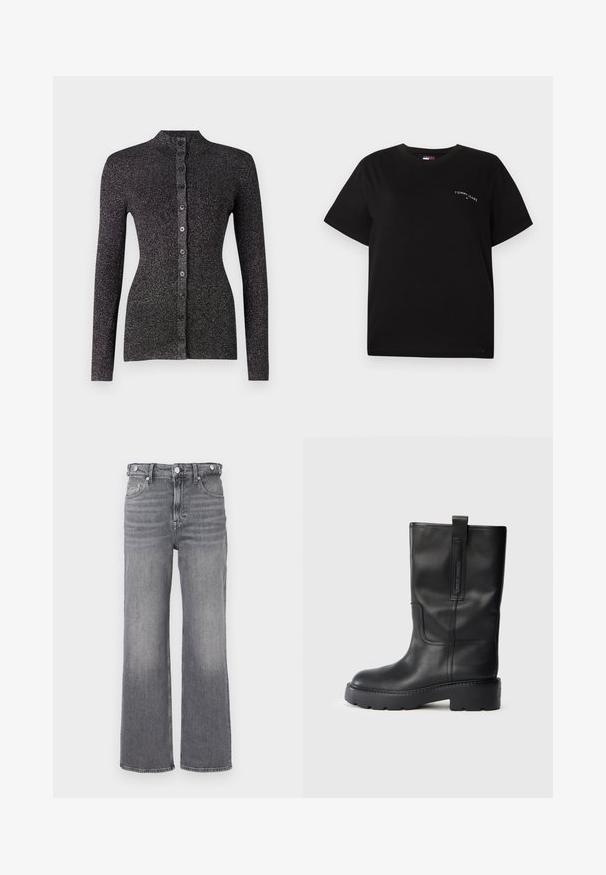 Cardigan nero a costine realizzato in materiale testurizzato, con collo alto, maniche lunghe e una fila di sei bottoni abbinati sul fronte.; T-shirt nera a maniche corte in cotone, con colletto rotondo e un piccolo logo bianco sulla parte sinistra del petto. Design semplice e vestibilità rilassata.; Jeans in denim grigio a vita alta e gamba dritta con dettagli scoloriti e bottoni in metallo sui passanti e sulle tasche.; Stivali neri in pelle alti fino al ginocchio con un design elegante, dotati di una suola spessa e di una linguetta laterale per un indossamento facilitato. Cuciture decorative in evidenza.