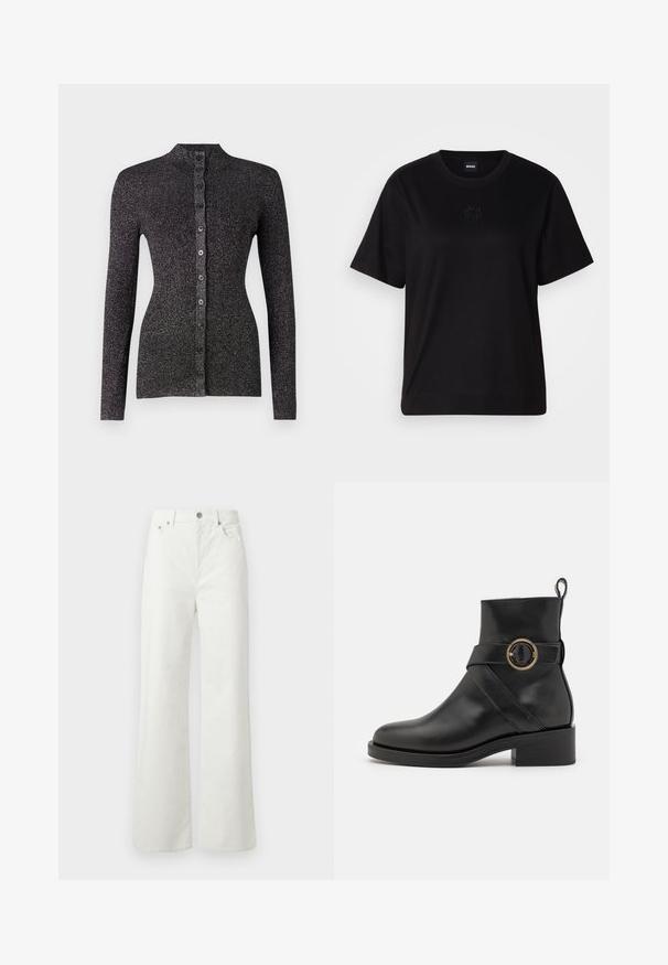 Schwarze gerippte Strickjacke aus strukturiertem Material, mit hohem Kragen, langen Ärmeln und einer Reihe von sechs passenden Knöpfen auf der Vorderseite.; Schwarzes Baumwoll-T-Shirt mit Rundhalsausschnitt, kurzen Ärmeln und aufgesticktem Logo auf der Brust. Einfacher, lässiger Schnitt ohne Muster.; Samsøe Samsøe SHELLY - Jeans Relaxed Fit - clear cream; BOSS IRYNA BOOTIE - Plateaustiefelette - black