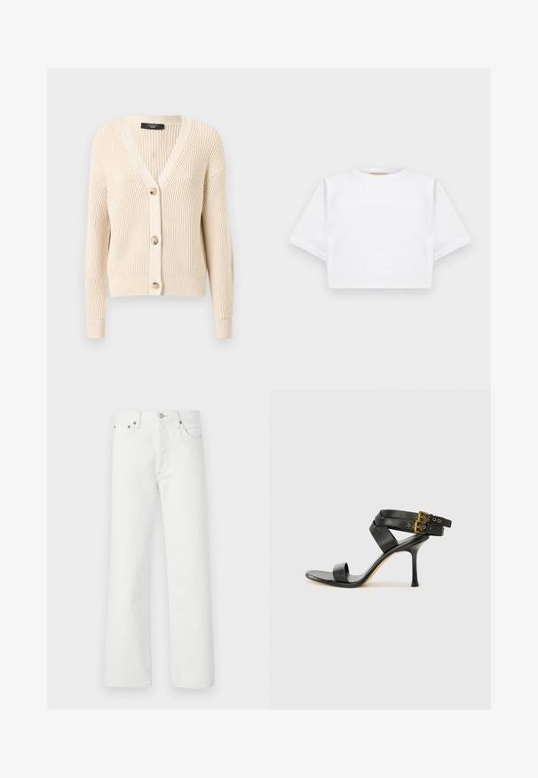 Weekend Max Mara NIRVANA - Cardigan - ecru; Cropped white t-shirt made of soft fabric, featuring short sleeves, a round neckline, and ribbed hem details. Simple and unembellished design.; White denim jeans featuring a straight-leg cut, five-pocket design, and metal hardware accents on the waistband and pockets.; Black heeled sandal with crossed straps and adjustable buckle. Features a smooth texture and tapered stiletto heel.