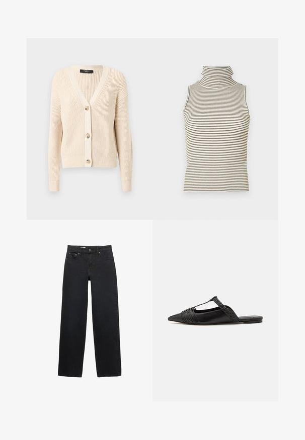 WEEKEND MaxMara NIRVANA biały; Bez rękawów top w golf z pionowymi czarno-białymi paskami, wykonany z teksturowanej dzianiny, z wysokim, dopasowanym kołnierzem.; Czarne szerokie dżinsy wykonane z denimu, z pięcioma kieszeniami, zapięciem na guzik, subtelnym przeszyciem oraz prostym krojem od talii do dołu.; Czarny skórzany but na odkrytej pięcie z pointed toe, ozdobiony plecionym akcentem i plisowanym wzorem górnej części. Płaska podeszwa z minimalnymi elementami.