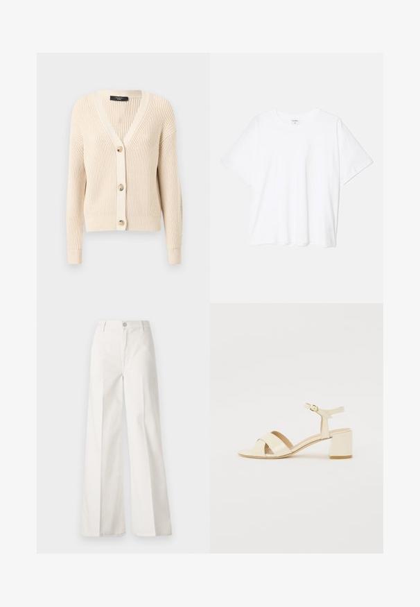 Weekend Max Mara NIRVANA - Vest - ecru; Witte katoenen t-shirt met korte mouwen, ronde halslijn, comfortabele pasvorm en gestikte zoom. Etiket zichtbaar aan de binnenzijde van de hals.; Witte wijde-broek gemaakt van katoen met een gladde textuur. Voorzien van een knoop aan de voorkant, ritsopening en vierzakkenontwerp.; Beige gepolijst lederen sandalen met hakken, voorzien van een kruisbandontwerp, open teen, verstelbare enkelband en een blokhak. Gladde textuur.