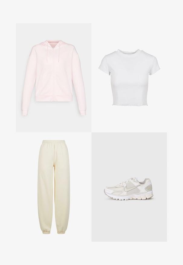 ONLY Play ONPLOUNGE LIFE HOOD - Mikina so zipsom - pink a boo; Biela, skrátená tričko vyrobené z rebrovanej látky. Má krátke rukávy s otrepanými okrajmi a okrúhly výstrih s volánovým detailom.; Krémové teplákové nohavice vyrobené z mäkkej tkaniny, s širokými nohavicami, elastickým pásom a priliehavými manžetami na členkoch.; Biele športové tenisky z sieťoviny a syntetických materiálov. Vyznačujú sa textúrovaným dizajnom, polstrovaným golierom a geometrickými akcentmi na päte.