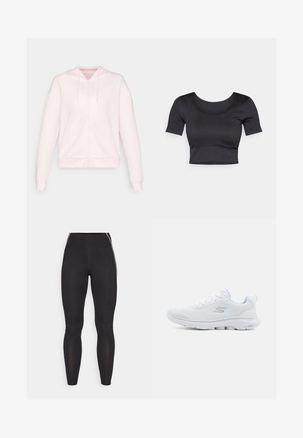 ONLY Play ONPLOUNGE LIFE HOOD - Sudadera con cremallera - pink a boo; Top corto negro de canalé con mangas cortas, cuello redondo amplio y una banda ajustada en la parte inferior. Textura suave, diseño informal.; Leggings negros hechos de material elástico con una cintura alta. Presentan franjas laterales blancas y una textura suave en toda su superficie.; Zapatilla deportiva blanca con parte superior de malla transpirable, acentos azul claro y una suela acolchada que presenta un patrón de agarre texturizado.