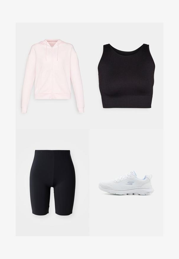 ONLY Play ONPLOUNGE LIFE HOOD - Mikina na zip - pink a boo; Černý žebrovaný crop top s vysokým výstřihem a širokými průramky, který nabízí měkkou a elastickou tkaninu pro pohodlí a bezešvý design.; Černé přiléhavé šortky vyrobené z hladkého, elastického materiálu. Mají vysoký pas a elegantní, minimalistický design bez viditelných zapínání.; Bílé sportovní boty s prodyšným síťovaným svrškem, světle modrými akcenty a polstrovanou podrážkou s texturovaným gripem.