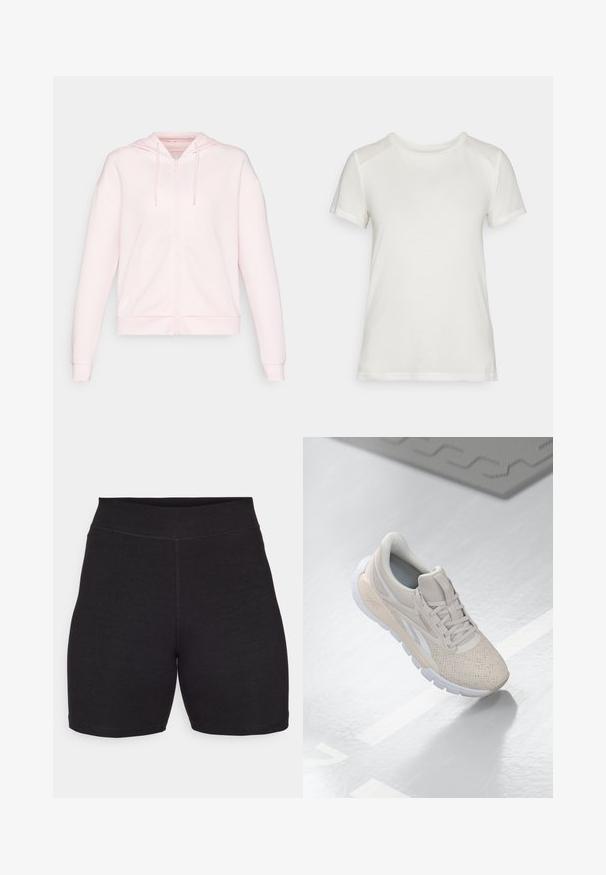 ONLY Play ONPLOUNGE LIFE HOOD - Jaka ar rāvējslēdzēju - pink a boo; Balta īsām piedurknēm T-krekls, kas izgatavots no mīkstas auduma, ar apaļu kakla izgriezumu un brīvu piegriezumu, ar gludām, bezšuvju plecu akcentiem.; Melni riteņbraukšanas šorti ar augstu jostasvietu, izgatavoti no elastīga, mīksta auduma. Iezīmē plakanas šuves un gludu tekstūru komfortam.; Gai bēša sporta apavi ar caurumiņiem augšdaļā, teksturētiem akcentiem, mīkstu apkakli un baltu gumijas zoli, kas paredzēti komfortam un gaisa caurlaidībai.