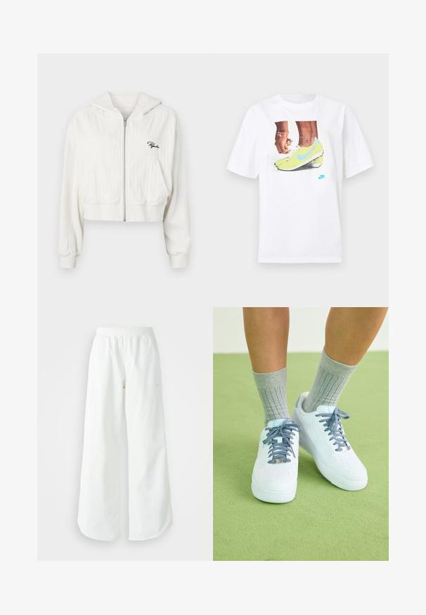 Hoodie zippé blanc coupé avec capuche, en tissu texturé. Comprend deux poches avant et un logo brodé sur la poitrine gauche.; T-shirt en coton blanc avec un graphisme de pieds chaussés de crampons Nike jaunes avec des accents bleus, accompagné d'un bracelet au poignet gauche.; Pantalons de sport larges blancs avec une taille côtelée et un discret logo. Tissu lisse avec une coupe décontractée et un bas effilé.; Des baskets en cuir blanc avec des accents bleus, un design de bout perforé et des lacets texturés bleu et blanc, portées avec des chaussettes grises à côtes.