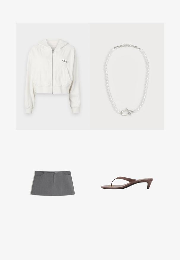 Korte witte zip-up hoodie met een capuchon, gemaakt van textuurstof. Heeft twee voorzakken en een geborduurd logo op de linkerborst.; Langslavige off-white top van zachte stof met een relaxte pasvorm, voorzien van een open halslijn en verlaagde schoudernaad.; Grijze rok met een rechte snit, twee vo pockets, een knoopsluiting aan de voorkant en een subtiel textuurpatroon.; Bruine hakken flip-flop sandaal met een slanke band en ronde teenpost, met een kleine gouden accent op de voetbed.; Witte parelketting met verschillende vormen en maten, met een zilveren sluiting met toggle. Gladde textuur met een glanzende afwerking.
