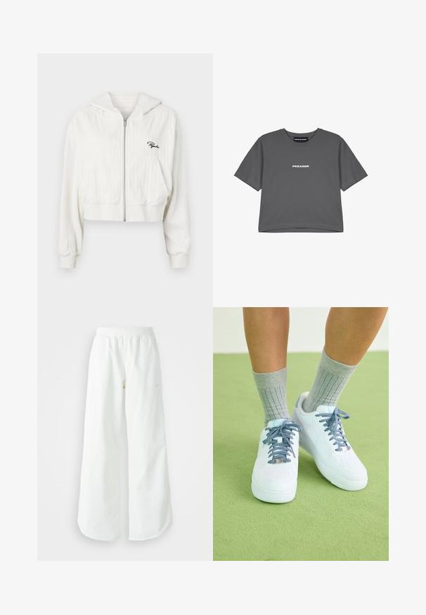 Krátka biela zipová mikina s kapucňou, vyrobená z textúrovanej tkaniny. Má dve predné vrecká a vyšívané logo na ľavej hrudi.; Šedé bavlnené tričko s krátkymi rukávmi a okrúhlym výstrihom. Na hrudi má vytlačené biele logo "PEGADOR". Jednoduchý, uvoľnený dizajn.; Biele široké športové nohavice s ribbovaným pásom a jemným logom. Hladká tkanina s uvoľneným strihom a zúženým lemom.; Biele kožené tenisky s modrými akcentmi, perforovaným dizajnom na špičke a textúrovanými modro-bielymi šnúrkami, nosené so sivými rebrovanými ponožkami.