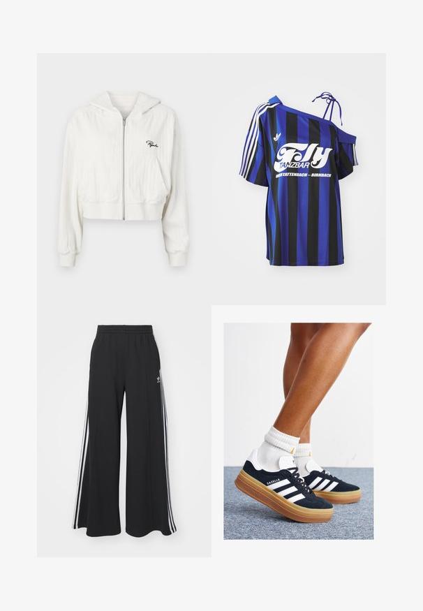 Lühendatud valge kapuutsiga tõmblukuga jakki, mis on valmistatud tekstuurilisest kangast. Kahel esiküljel on taskud ja vasakul rinnal on brodeeritud logo.; Sinine ja must triibuline üle mõõtme särk, millel on üks õlariba disain, sisaldab valget prinditud teksti ja kolme valget triipu varrukal.; Mustad laiad trenni püksid elastse vöökohtaga, millel on valged küljeribad ja tikitud logo vasakul reiel.; Mustad seemisnahast tossud valgete triipude ja detailidega, ümarate varbassosadega, kummist välistallaga, paaritatud valgete soonikuliste meessokkidega.